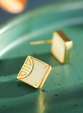 925银镀金方形双喜白玉髓国潮古风宫廷风气质复古女士时尚耳环