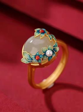 景泰蓝天然碧玉珍珠戒指珐琅工艺复古宫廷梅花女士民族风开口指环