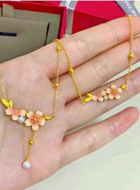 铜镀金精致百搭超显白十二花生樱花雨项链气质高级感甜美珍珠项链