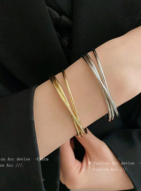 欧美跨境交叉多层开口手镯简约个性金属手环冷淡风气质手饰女