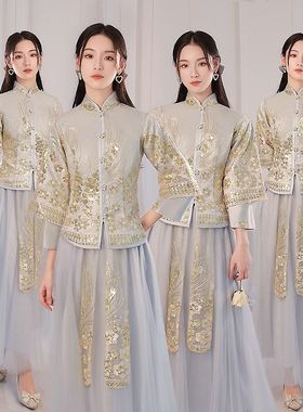 伴娘服2024中式灰色姐妹团中国风加厚小众平时可穿秀禾礼服春季