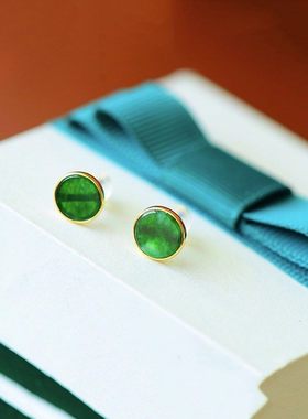 天然和田玉干青翡翠耳钉满绿色辣S925纯银鎏金耳饰简约百搭饰品女