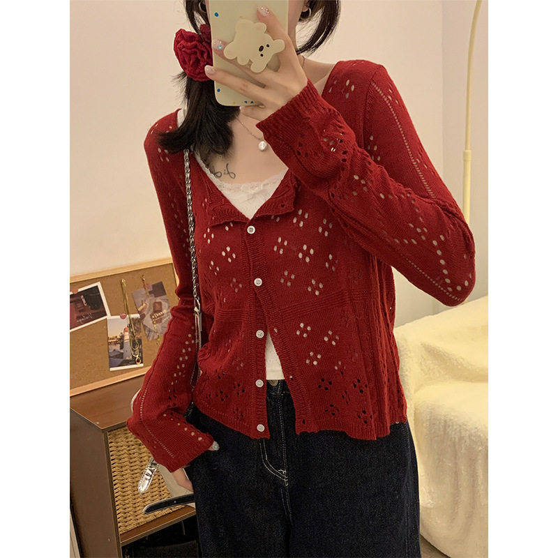 实拍实价红色港风镂空薄款防晒针织开衫外套女早秋慵懒风短款上衣