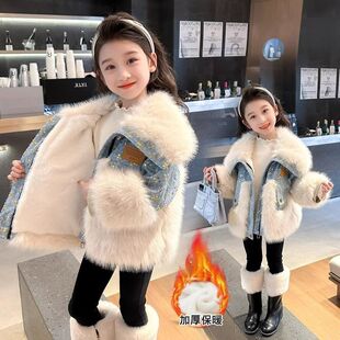 女童仿皮草加绒加厚牛仔外套秋冬款2025新款洋气棉服冬装韩版棉衣