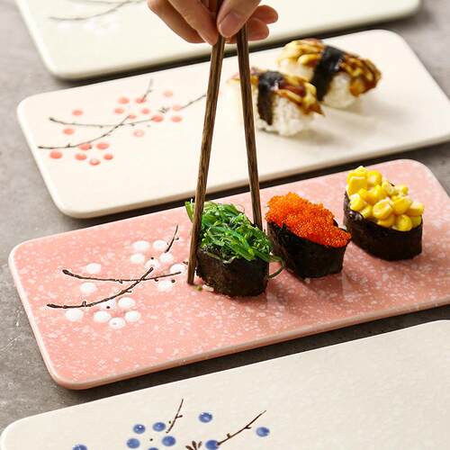 日式创意手绘釉下彩陶瓷餐具餐厅长方形点心垫板平盘寿司菜盘摆盘