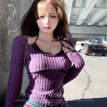 纯欲紫色假两件挂脖蕾丝长袖针织衫女2F025早春设计感美式辣妹上