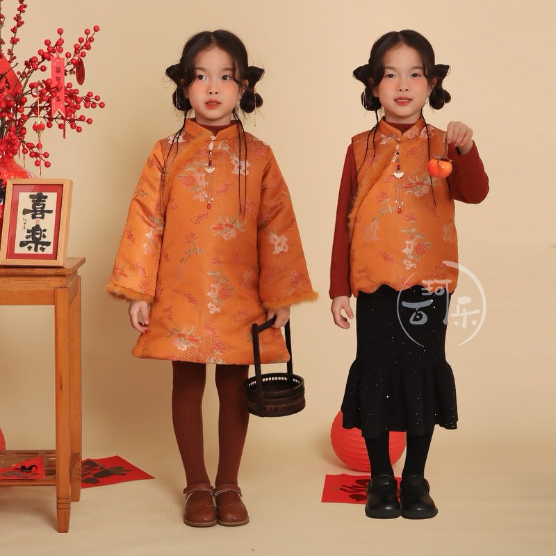 满庭芳儿童秋f冬新中式国风夹棉马甲女童冬季旗袍姐妹装拜年服背