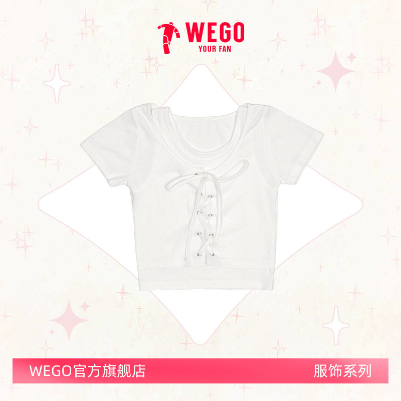 WEGO女式系带T恤26夏季新款白色修身打底短袖女WE26SM04-L0005
