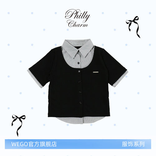 PHILLY叠穿风条纹短袖衬衫薄款时尚条纹假两件上衣PL26SM06-L0003
