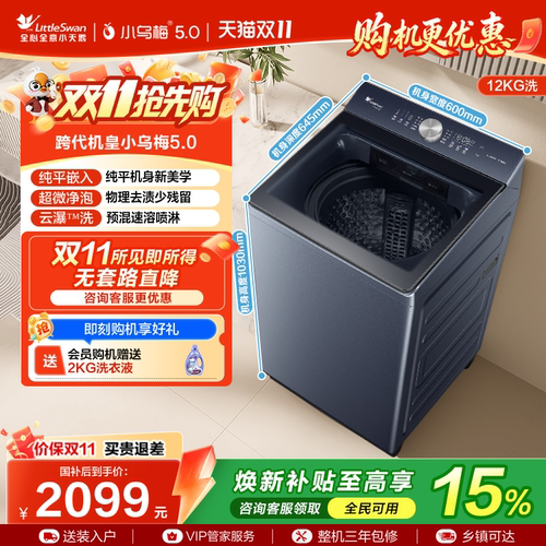 小天鹅纯平水魔方洗衣机12KG大容量家用变频洗脱一体波轮 TB12K60