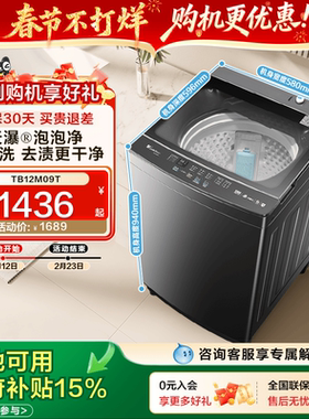 小天鹅12kg水魔方家用波轮全自动大容量洗脱一体洗衣机 TB12M09T
