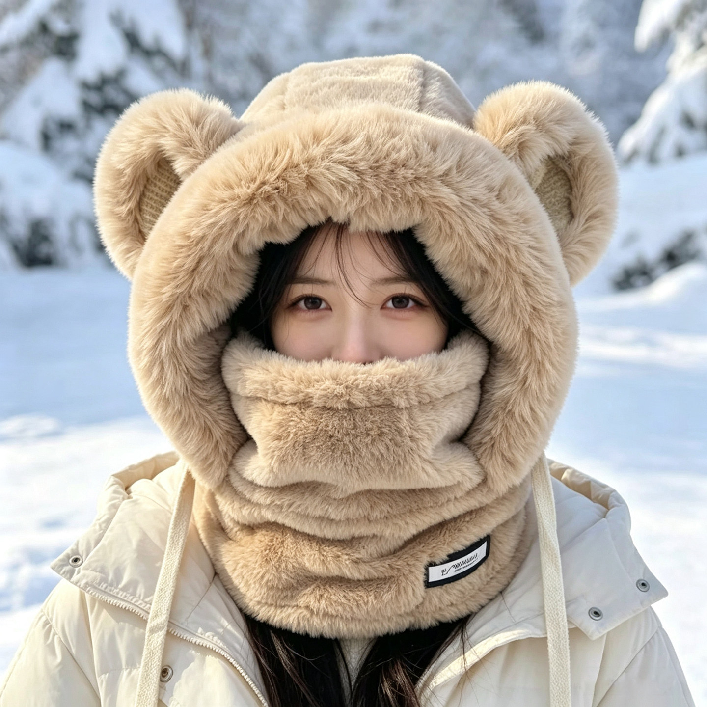 冬季小熊帽子女小香风围脖一体加厚保暖毛绒帽护耳护脖子骑车套帽