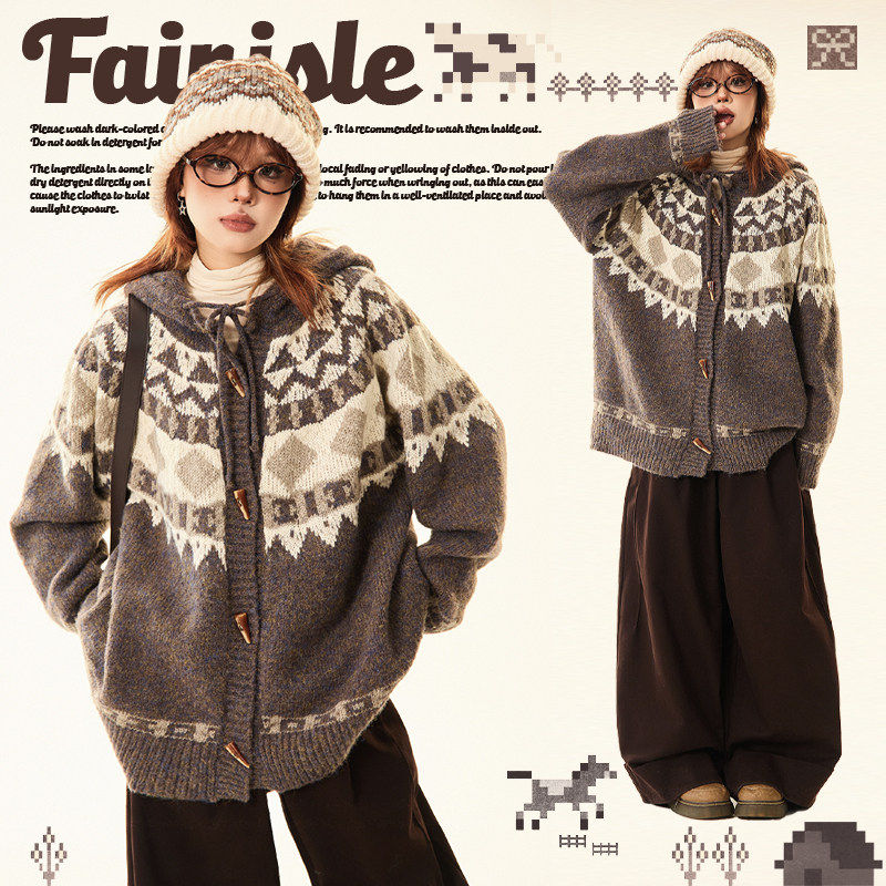 MAIKAO 费尔岛古著牛角扣开衫毛衣女秋冬情侣宽松连帽针织衫外套