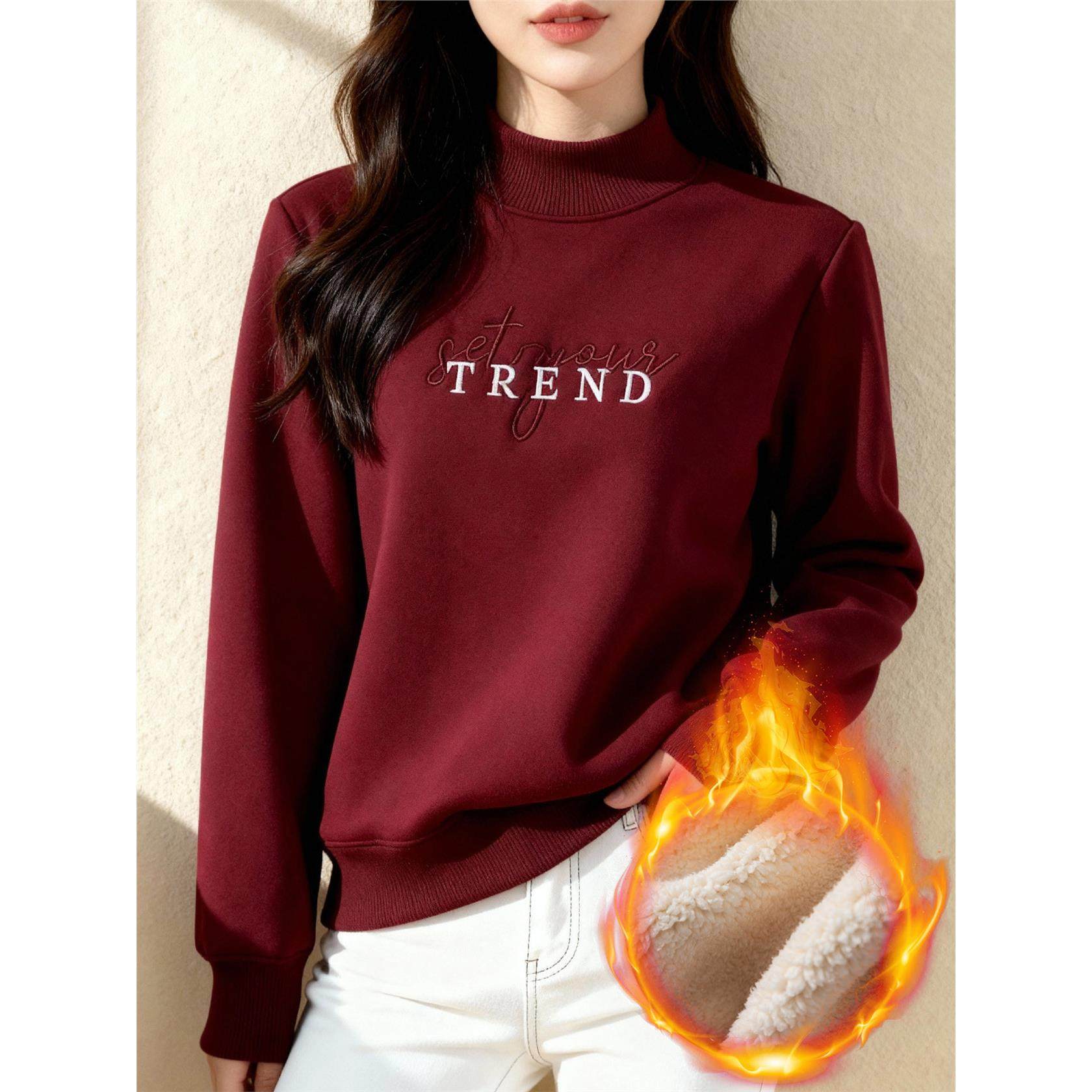 加绒加厚半高领羊羔绒卫衣女 冬季新款字母刺绣百搭显瘦打底上衣