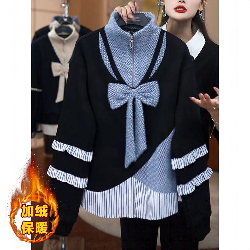 韩版假两件拼接卫衣女装2025冬季新款时尚气质减龄加绒保暖上衣潮