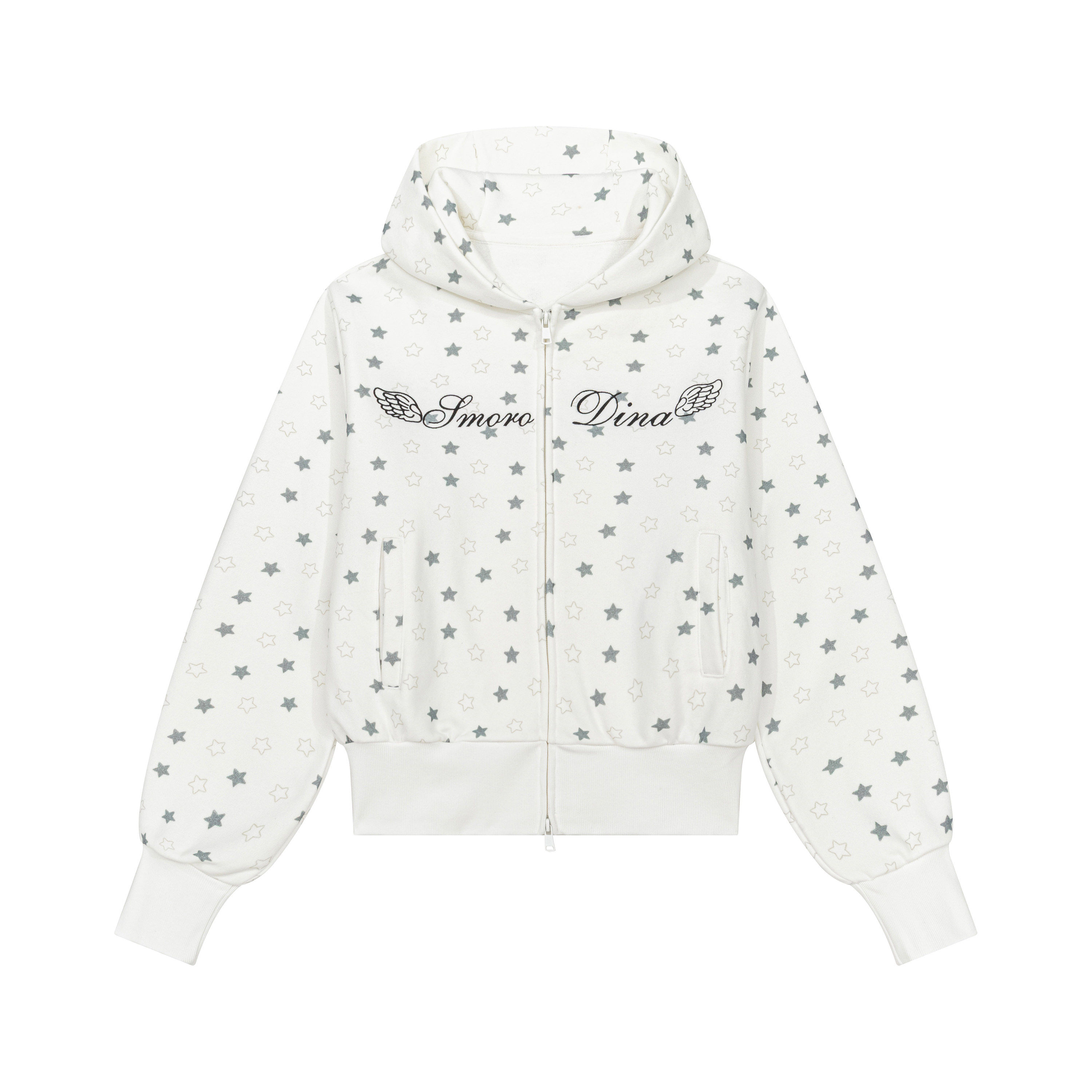 Smorodina秋冬新款刺绣翅膀logo星星图案拉炼 炼 帽衫连帽运动衫