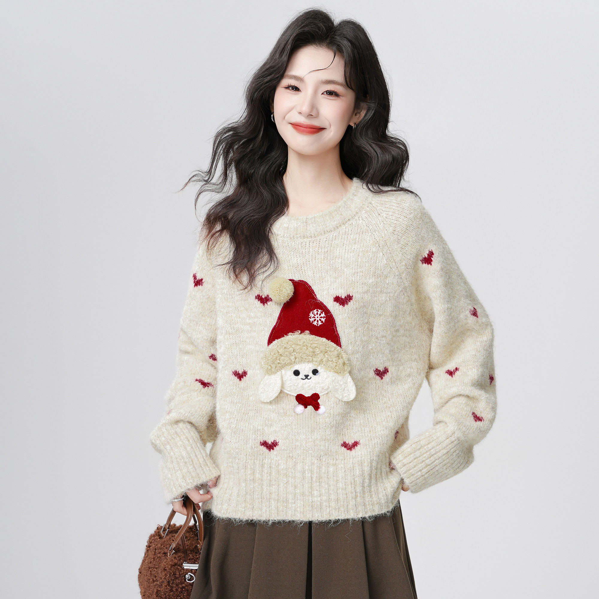 燕麦色卡通小狗圆领套头毛衣女2025秋冬季新款加厚保暖针织衫上衣