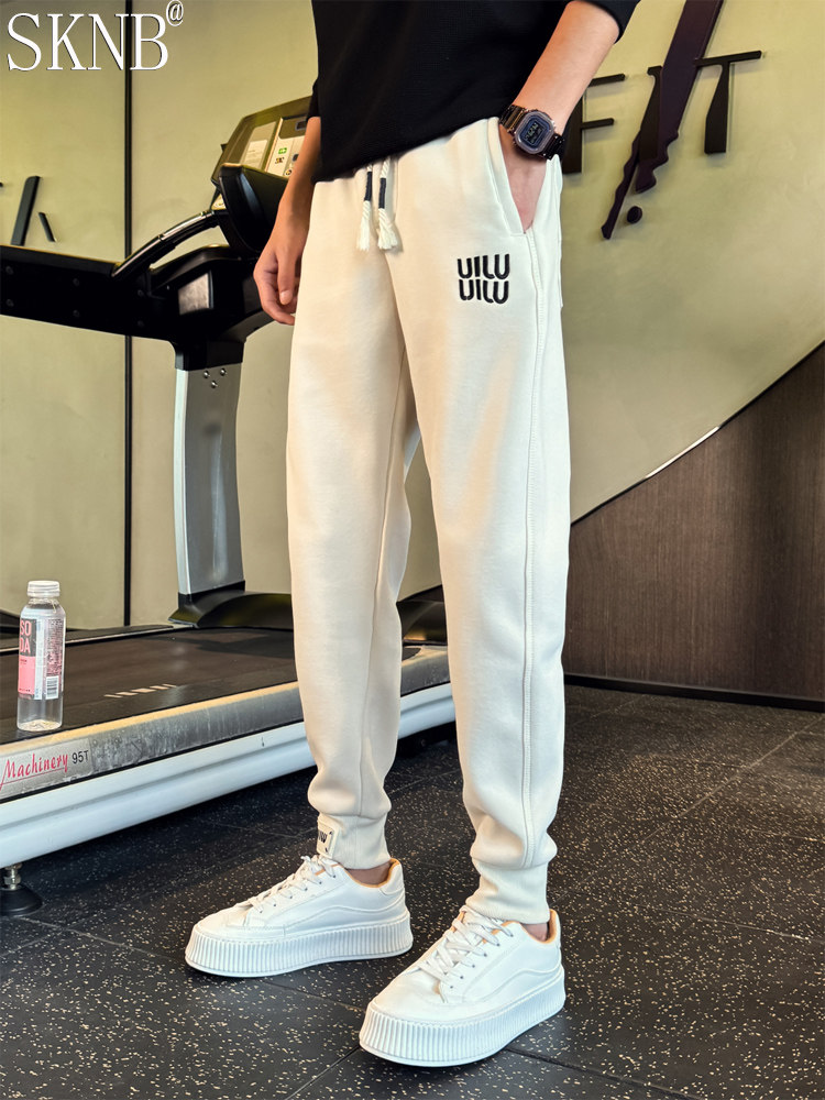 高端白色卫裤男士秋冬季潮流加绒男裤束脚刺绣小脚运动休闲裤子男