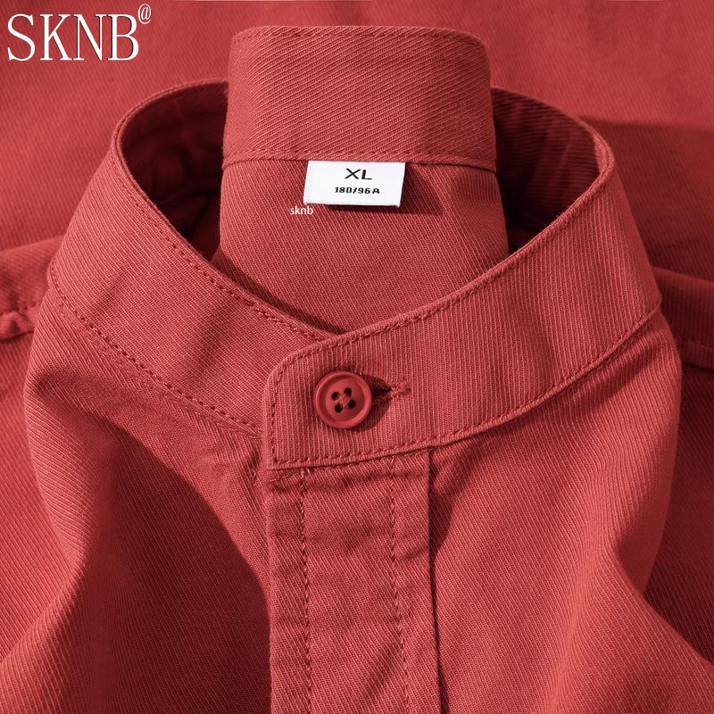 红色重磅亨利领中式长袖衬衫男春季2025新款纯棉寸衫休闲上衣男款