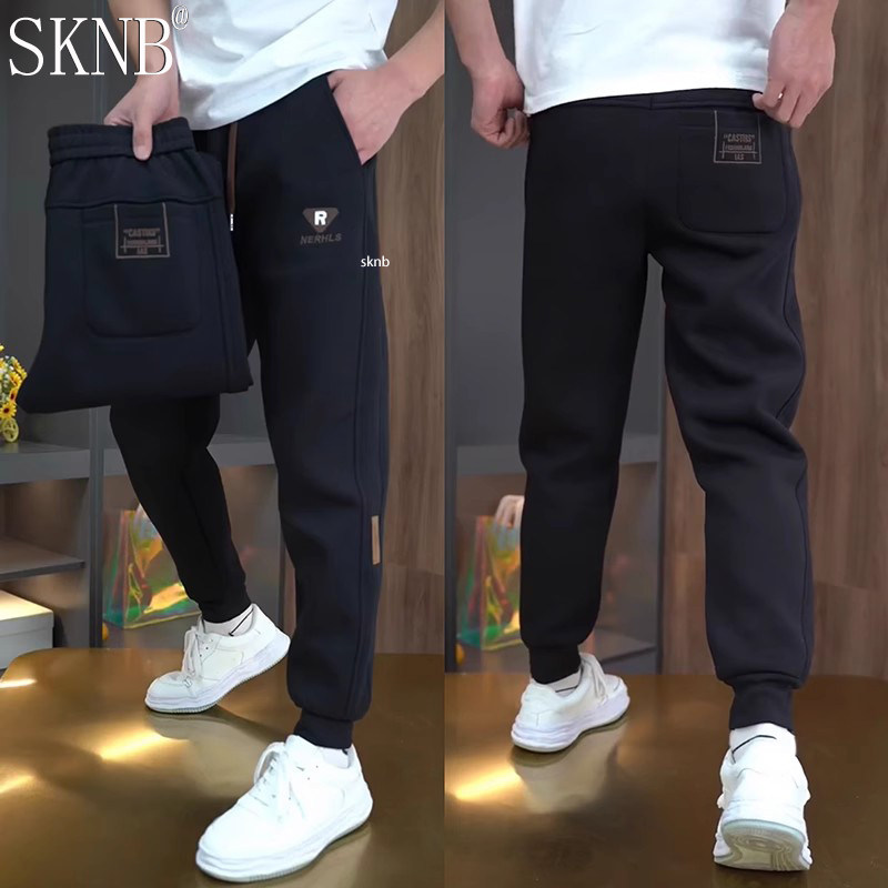 刺绣字母休闲裤男士秋冬季加绒加厚束脚运动卫裤弹力哈伦裤男款潮