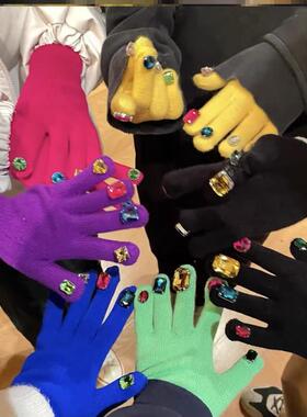 闪钻绿色手套带钻豪华美甲宝石彩色钻石手工针织手套厚保暖学生女