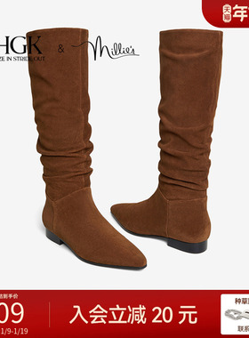 HGK2025新款尖头褶皱堆堆靴美拉德长筒靴棕色骑士靴女冬51722DG5