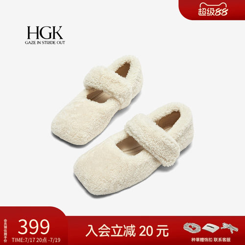 HGK一字羊毛带方头小香风毛毛鞋玛丽珍女鞋W072ACM4