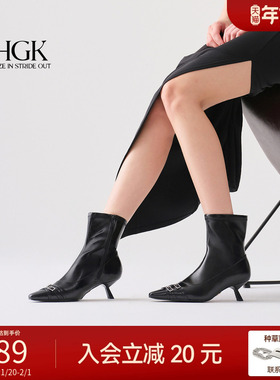 HGK贝尔摩德 2025新款高跟黑色设计风短靴女秋冬牛皮靴子WTZ31DZ5