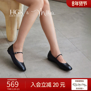 HGK魔方小黑鞋 通勤黑色气质法式小玛丽珍方头一字带平底鞋女单鞋