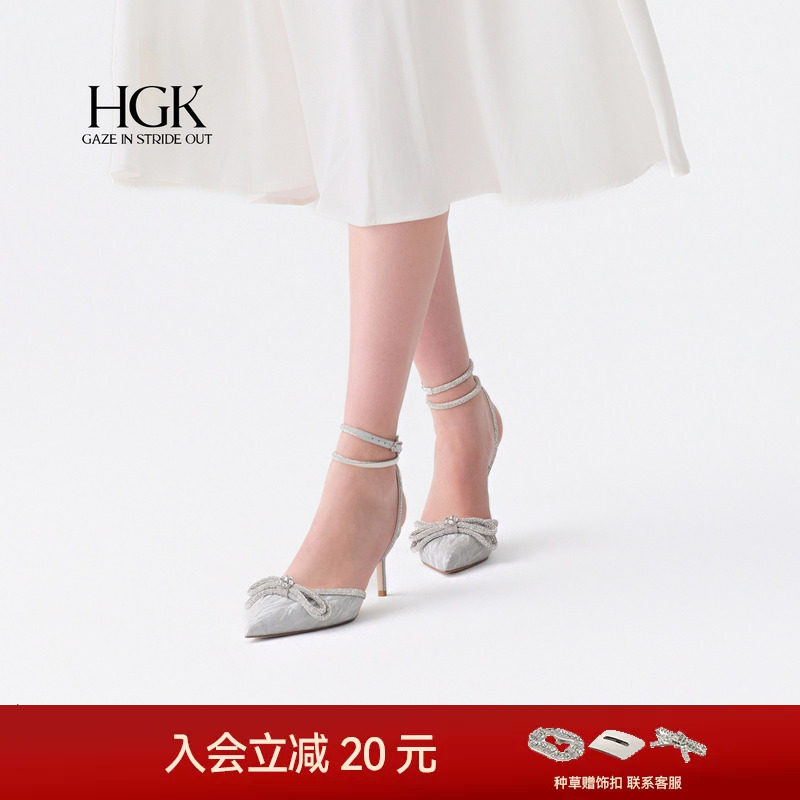 HGK绮梦星光 2026新款法式水钻蝴蝶结高跟凉鞋绑带高跟鞋婚鞋女夏