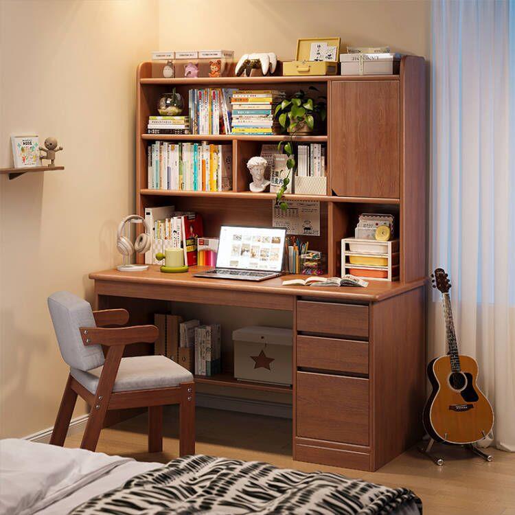 实木书桌学生家用学习写字桌卧室书架一体桌子书柜抽屉成人电脑桌
