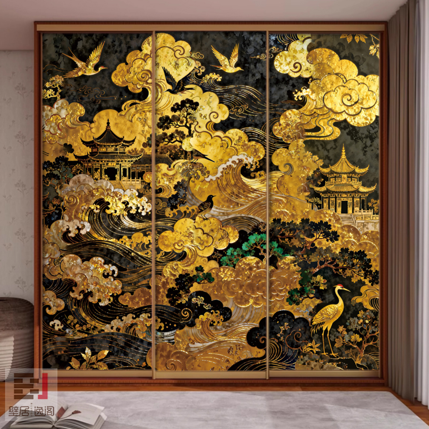 中古风黑金卧室玻璃推拉门贴纸