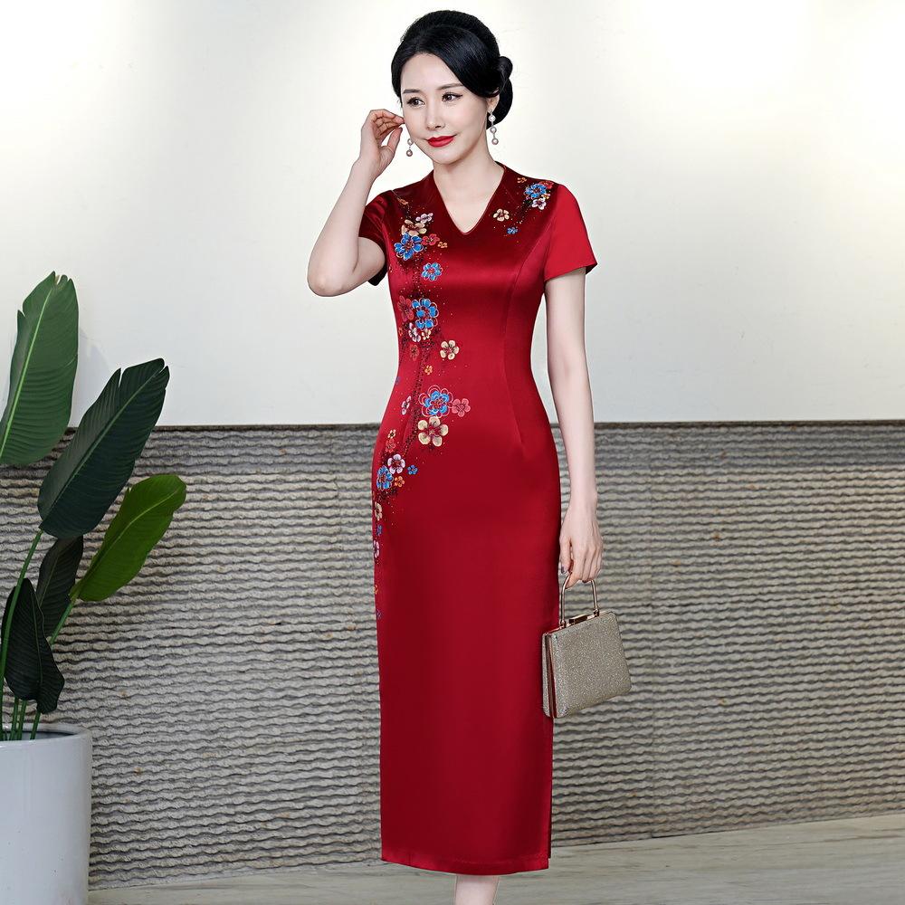 夏季新款长款醋酸改良妈妈旗袍女敬酒妈妈装复古短袖喜婆婆礼服