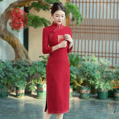 喜婆婆旗袍加绒加厚冬季2025新款女中国风喜妈妈婚宴装礼服中长款