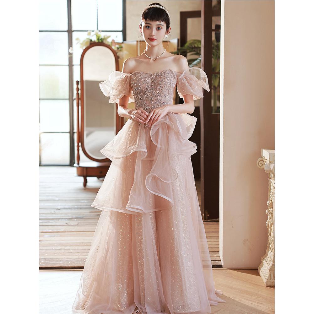 粉色晚礼服高端轻奢小众名媛气质年会艺考法式仙气一字肩伴娘服女