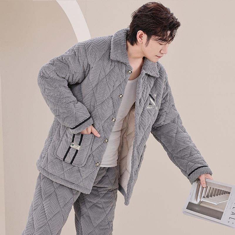 夹棉保暖宽松三层加绒睡衣保暖男