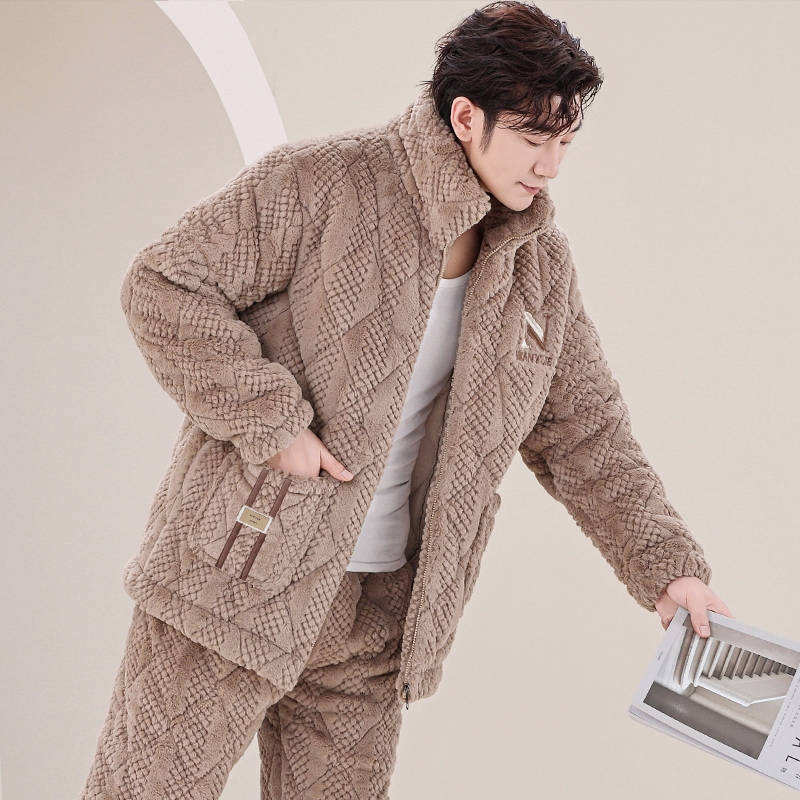男士珊瑚绒夹棉加厚睡衣保暖好