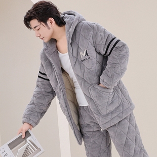 新款男士睡衣冬季加厚三层夹棉超厚保暖可外穿冬款连帽套装家居服