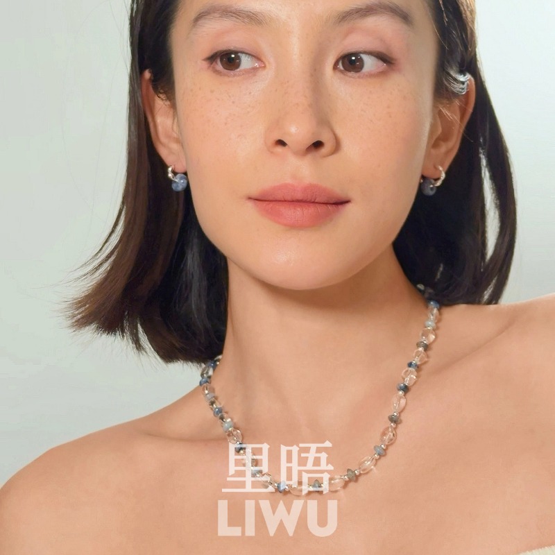S925纯银白水晶蓝点石项链新中式