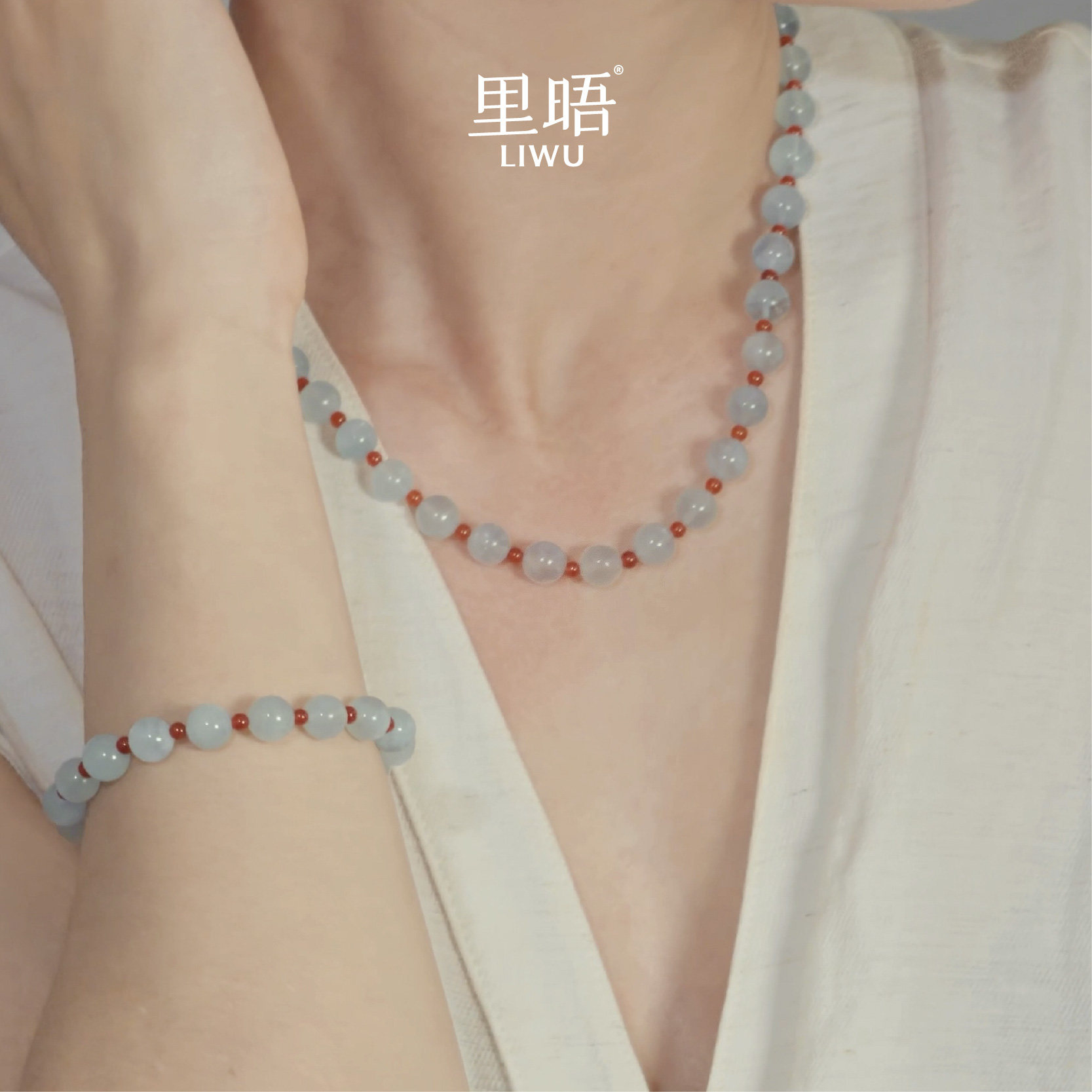 里晤LIWU蓝雾系列|海蓝宝红玛瑙弹力手串新中式送礼女生小众