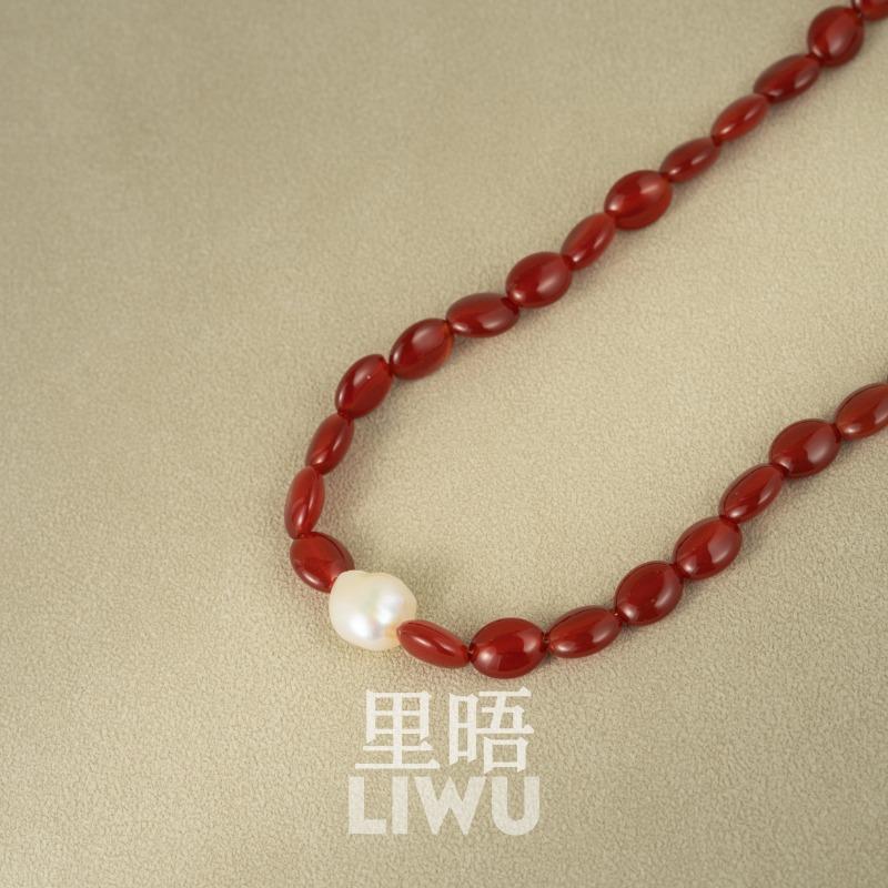 里晤S925纯银红玛瑙巴洛克珍珠项链新中式送女友闺蜜母亲节礼物