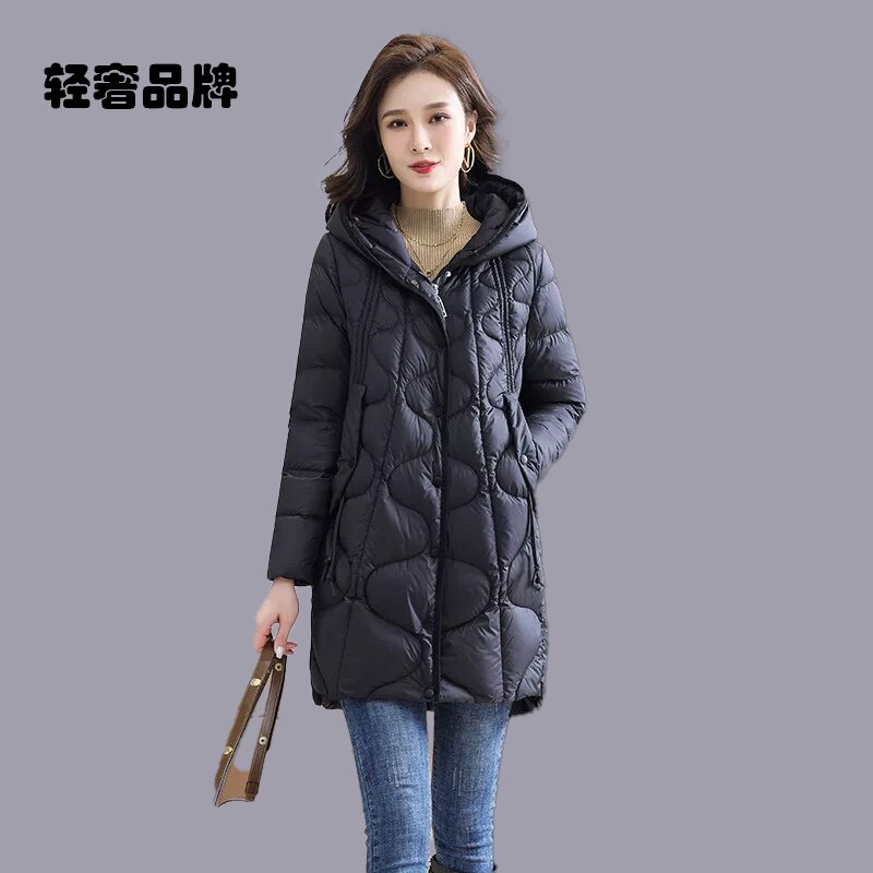 轻薄羽绒服女款2025新款冬季90白鸭绒中长款小个子妈妈黑色厚外套