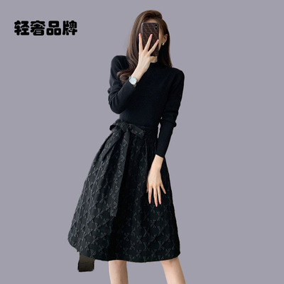 朗姿约定气质收腰显瘦连衣裙春秋新款女装中长款黑色长袖蓬蓬裙子