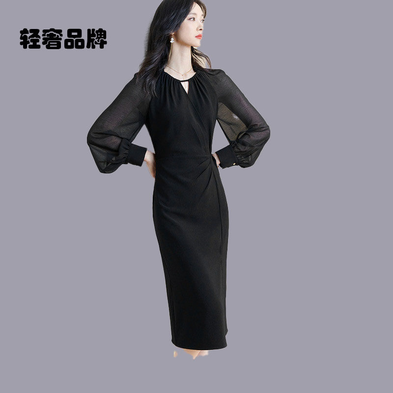 朗姿约定2026秋季新款气质优雅修身中长裙插肩袖开叉显瘦连衣裙