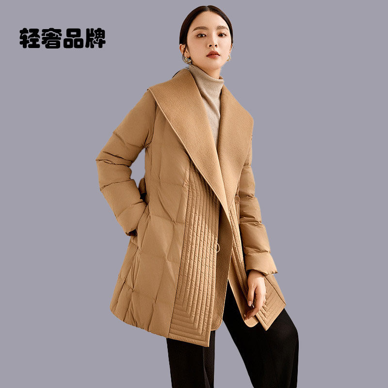 朗姿约定修身毛呢拼接羽绒服女冬季2026新款小个子鹅绒收腰中长款