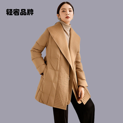 朗姿约定修身毛呢拼接羽绒服女冬季2025新款小个子鹅绒收腰中长款
