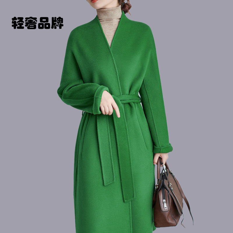 朗姿约定无领双面呢羊毛大衣中长款女简约宽松直筒系带毛呢外套
