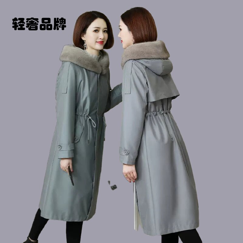 水貂毛领连帽派克服女冬季中长款尼克服大衣可拆卸内胆皮草外套厚