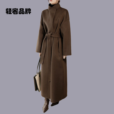 朗姿约定高级感立领双面呢大衣女超长款宽松系带高个子毛呢外套冬