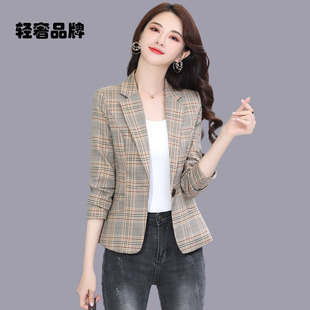 朗姿约定格子小西装女2026春秋新款英伦风短款小个子西服上衣外套